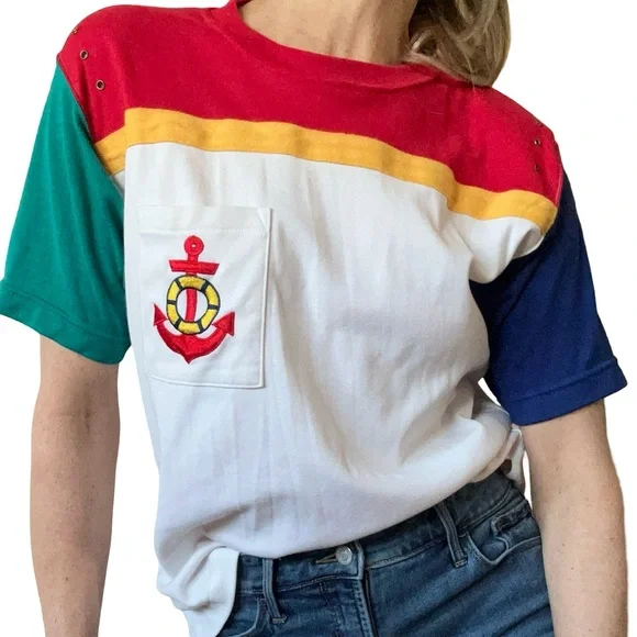 Vintage 1980’s RUSS Petites Red Anchor Pocket Graphic Thick T-Shirt Top Size M - Picture 2 of 7